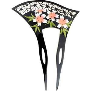 ミャオミャオ 簪 かんざし バチ型 髪飾り 和装 留袖 着物 桜 花 フラワー U字 ブラック ヘアアクセサリー(黒,  ワンサイズ)