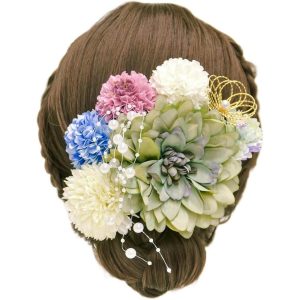 髪飾り 成人式 浴衣 8点セット 水引 和装 結婚式 入学式 卒業式 七五三 着物 袴 振袖 造花 花火大会 前撮り(オリーブグリーン)