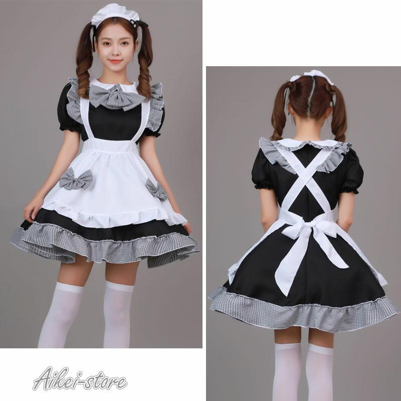 メイド 服 チェック柄 4点セット ワンピース エプロン 大きい ハロウィン 仮装 レディース 可愛い コスプレ 学園祭 文化祭 バレンタイン 喫茶店 メイドカフェー