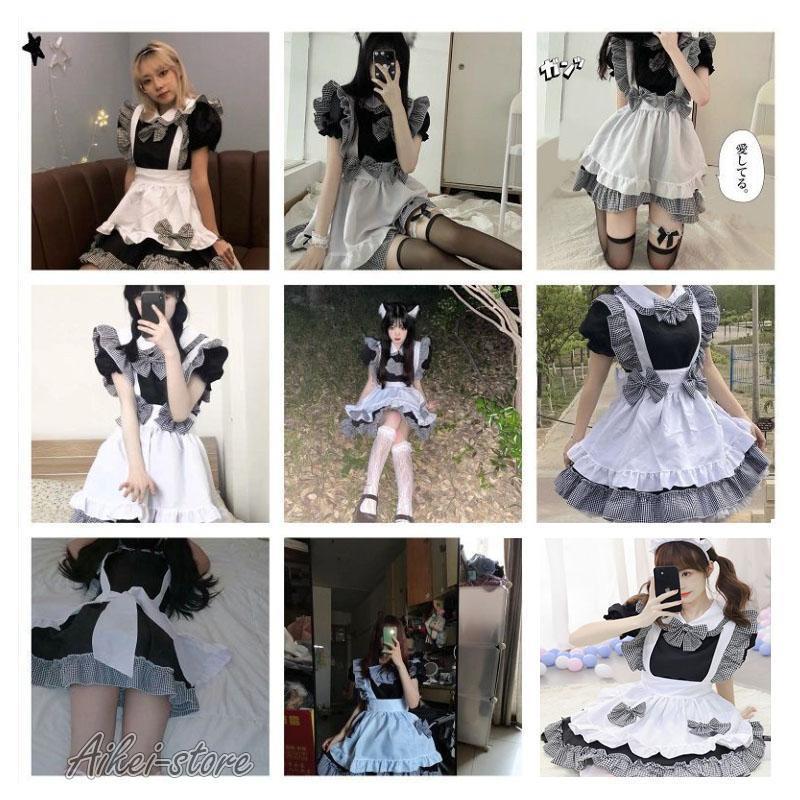 メイド 服 チェック柄 4点セット ワンピース エプロン 大きい ハロウィン 仮装 レディース 可愛い コスプレ 学園祭 文化祭 バレンタイン 喫茶店 メイドカフェー - 画像 (2)