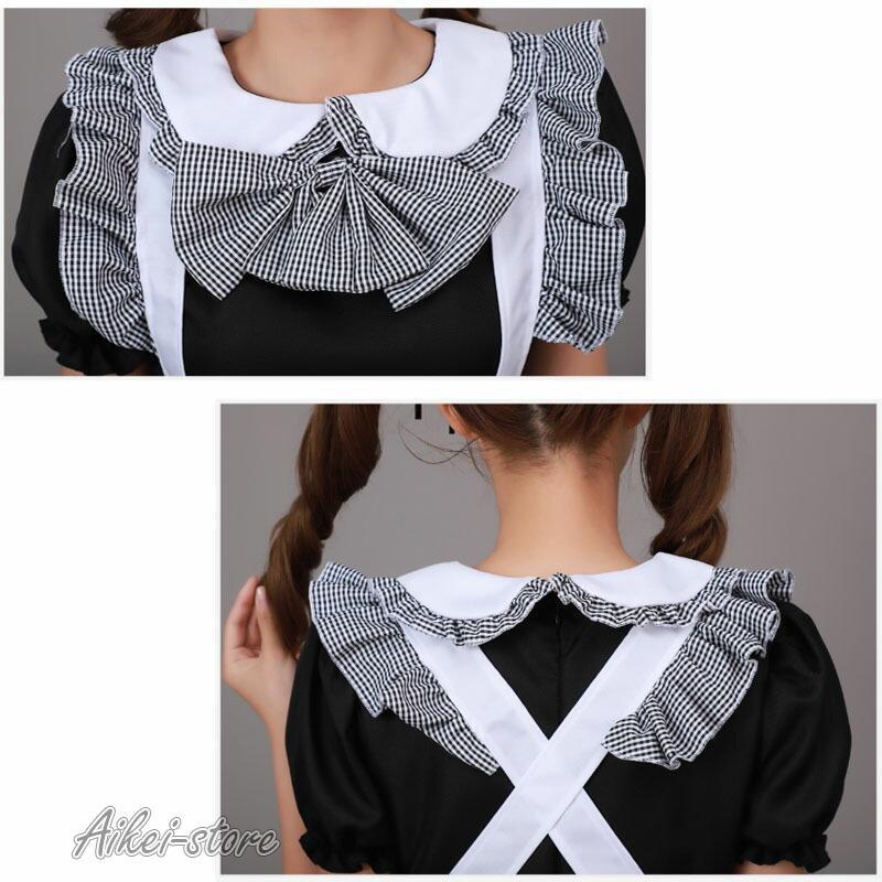 メイド 服 チェック柄 4点セット ワンピース エプロン 大きい ハロウィン 仮装 レディース 可愛い コスプレ 学園祭 文化祭 バレンタイン 喫茶店 メイドカフェー - 画像 (4)