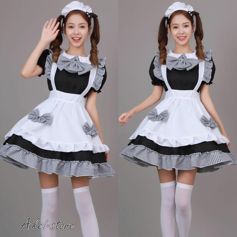 メイド 服 チェック柄 4点セット ワンピース エプロン 大きい ハロウィン 仮装 レディース 可愛い コスプレ 学園祭 文化祭 バレンタイン 喫茶店 メイドカフェー - 画像 (6)