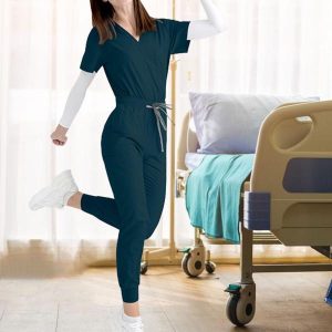 ブルー ナーススクラブユニフォーム ナーススクラブセットトップロングパンツ制服トップパンツ