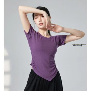 レディース ダンス トップス 新作 長袖 半袖 7色 斜め三角形裾 無地 ストレッチ 動きやすい Tシャツ カットソー 練習用 レッスン着 カジュアル服 平日着