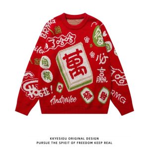 2color マージャン ニットトップス 男女兼用 メンズ ブラック レッド