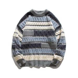 2color ニットトップス 男女兼用 メンズ レトロ 合わせやすい ブラウン ブルー