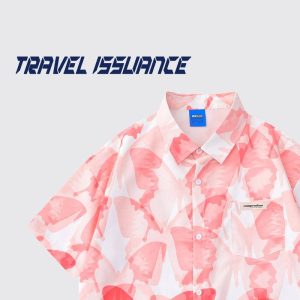 2color 半袖シャツ プリント トップス 男女兼用 メンズ S M L XL 蝶々 ブルー ピンク