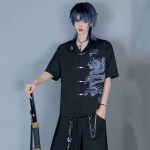 2color シャツ 半袖 プリント ブラック ホワイト 龍紋 涼しい