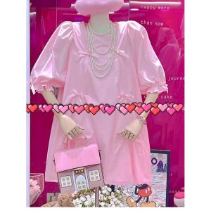ブラウス　リボン　ワンピース　カジュアル　丸襟　ピンク　ピンク