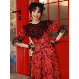 赤 花柄 フラワー 黒 レース クラシック ガーリー レトロ 丸襟 ブラウス ワンピース 原宿 80年代 アイドル 古着 昭和 ブラウス ワンピース