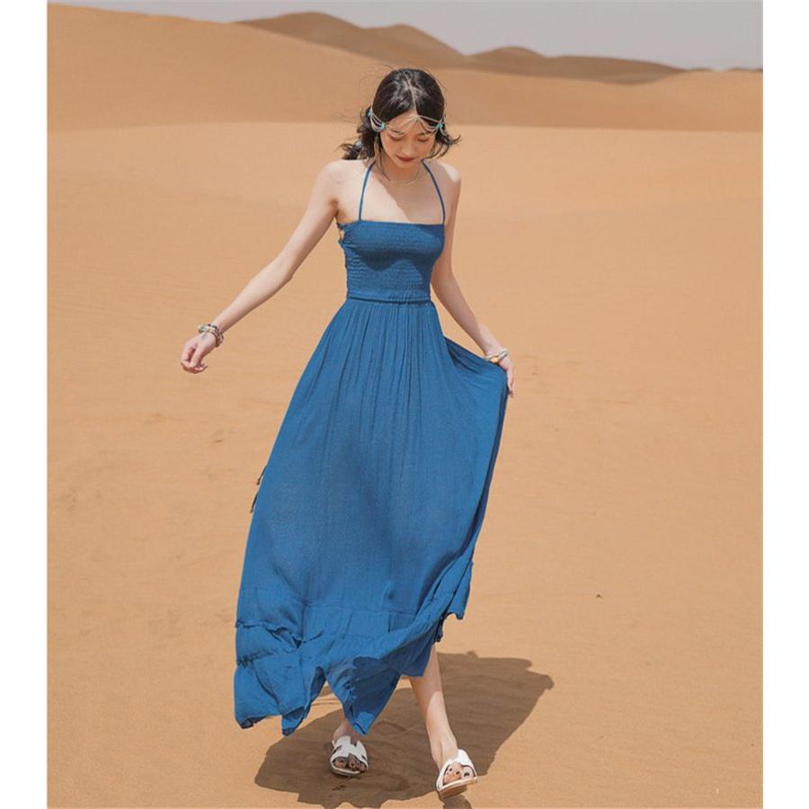 リゾートワンピース ロング丈ワンピ ボヘミアン風 ワンピース マキシワンピース リゾートワンピ ロング 旅行 海辺 沖縄 ハワイ ボヘミアン ワンピ ブルー 紺色