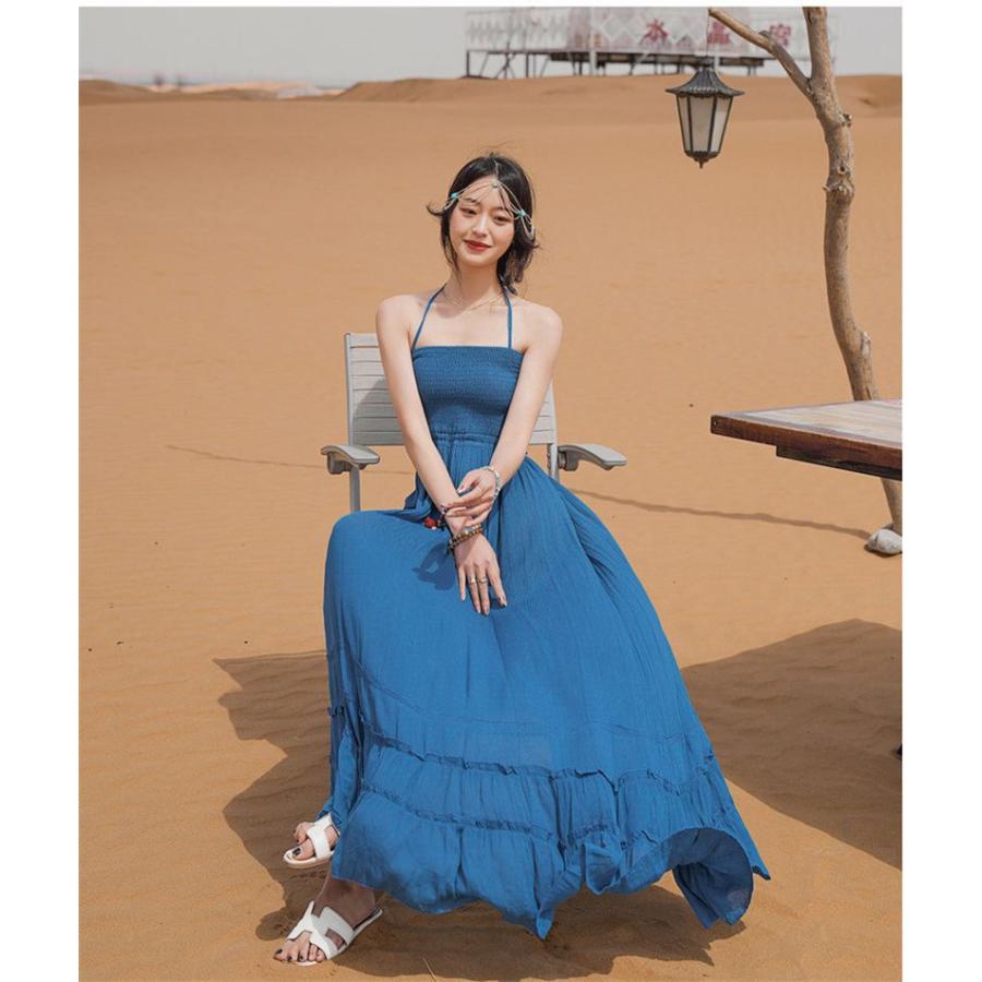 リゾートワンピース ロング丈ワンピ ボヘミアン風 ワンピース マキシワンピース リゾートワンピ ロング 旅行 海辺 沖縄 ハワイ ボヘミアン ワンピ ブルー 紺色 - 画像 (3)