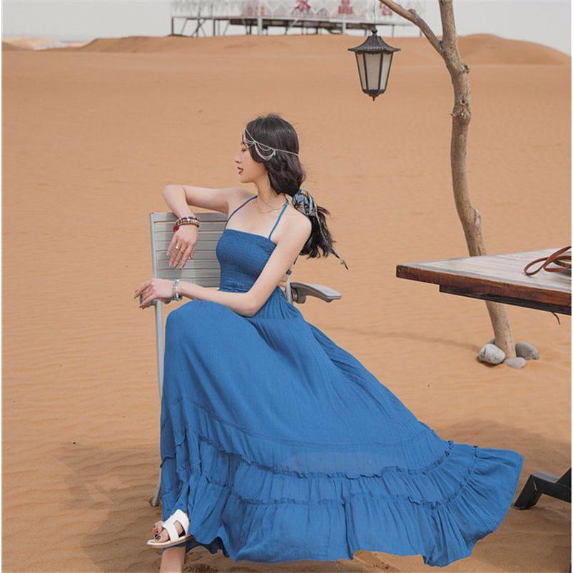 リゾートワンピース ロング丈ワンピ ボヘミアン風 ワンピース マキシワンピース リゾートワンピ ロング 旅行 海辺 沖縄 ハワイ ボヘミアン ワンピ ブルー 紺色 - 画像 (4)