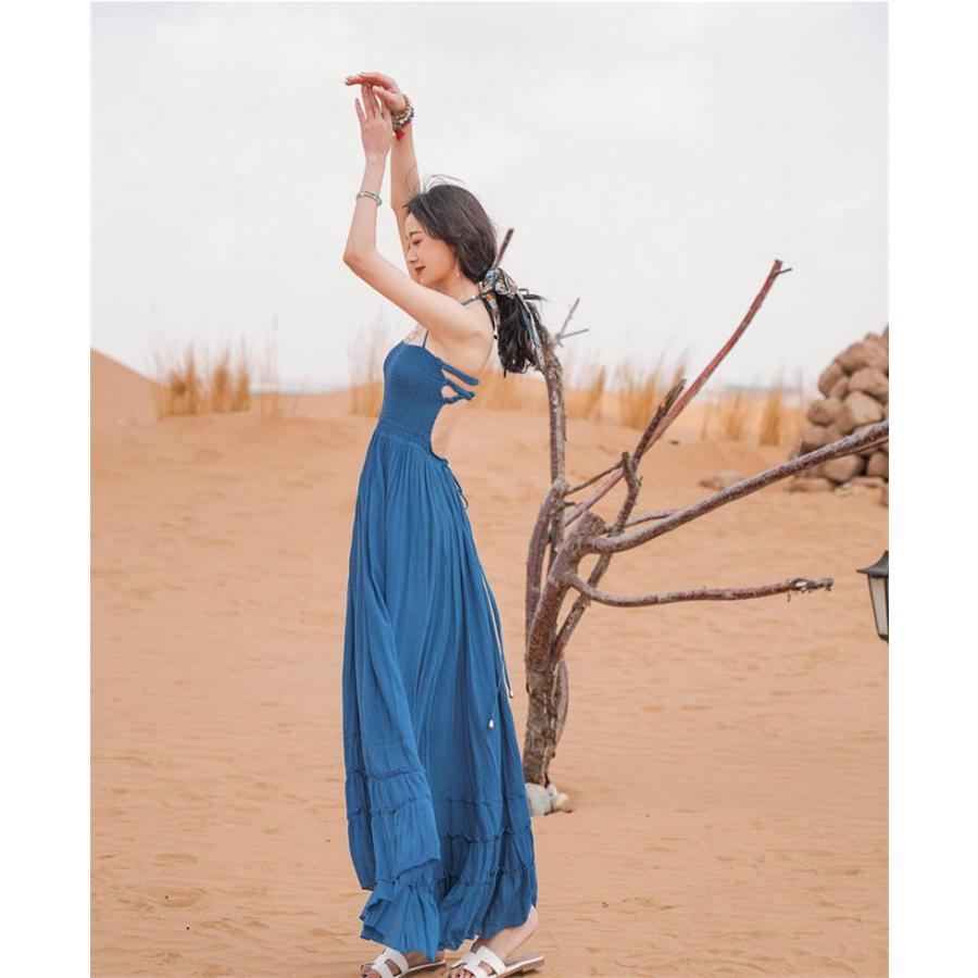 リゾートワンピース ロング丈ワンピ ボヘミアン風 ワンピース マキシワンピース リゾートワンピ ロング 旅行 海辺 沖縄 ハワイ ボヘミアン ワンピ ブルー 紺色 - 画像 (5)