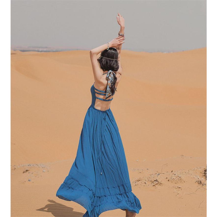 リゾートワンピース ロング丈ワンピ ボヘミアン風 ワンピース マキシワンピース リゾートワンピ ロング 旅行 海辺 沖縄 ハワイ ボヘミアン ワンピ ブルー 紺色 - 画像 (6)