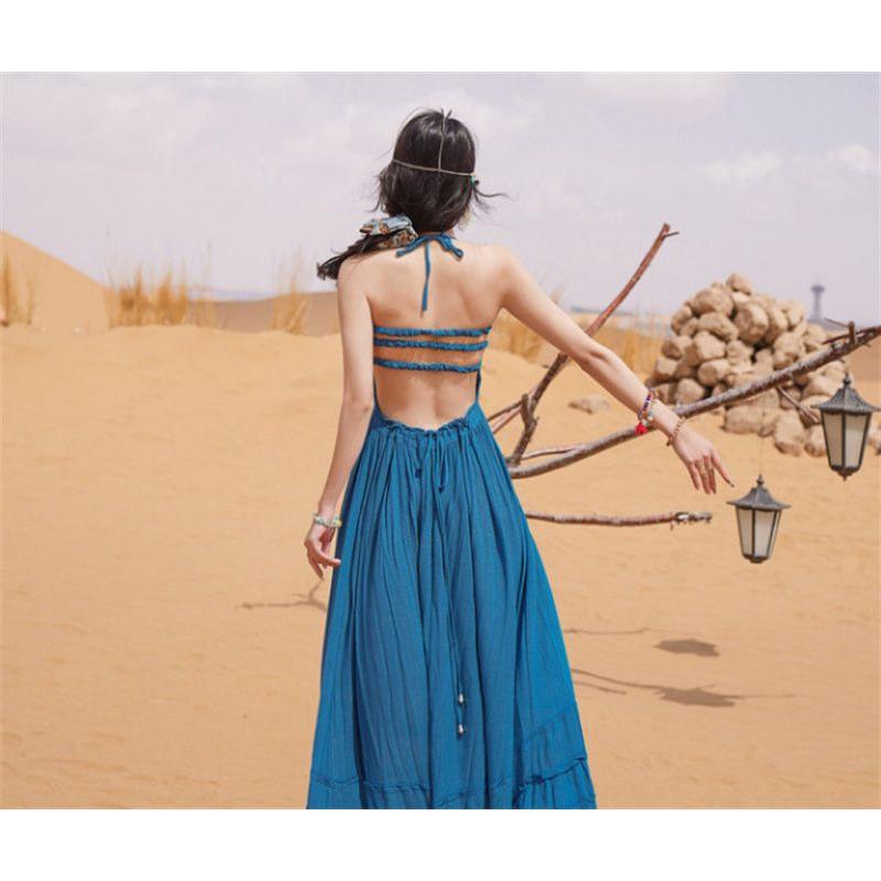 リゾートワンピース ロング丈ワンピ ボヘミアン風 ワンピース マキシワンピース リゾートワンピ ロング 旅行 海辺 沖縄 ハワイ ボヘミアン ワンピ ブルー 紺色 - 画像 (7)