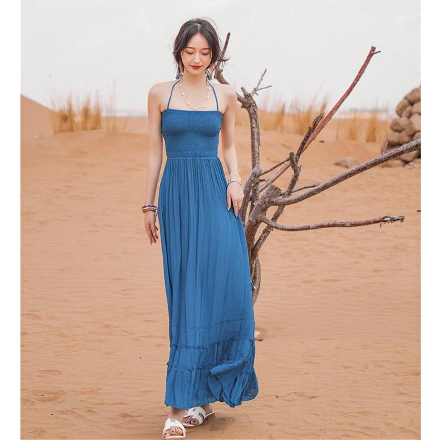 リゾートワンピース ロング丈ワンピ ボヘミアン風 ワンピース マキシワンピース リゾートワンピ ロング 旅行 海辺 沖縄 ハワイ ボヘミアン ワンピ ブルー 紺色 - 画像 (8)