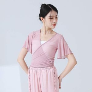 ダンストップス レディース シースルー 透け感 Vネック フレア袖 ブラウス 古典ダンス衣装 ダンスウェア 練習着 レッスンウェア 大人用 ダンス 衣装 レッスン着