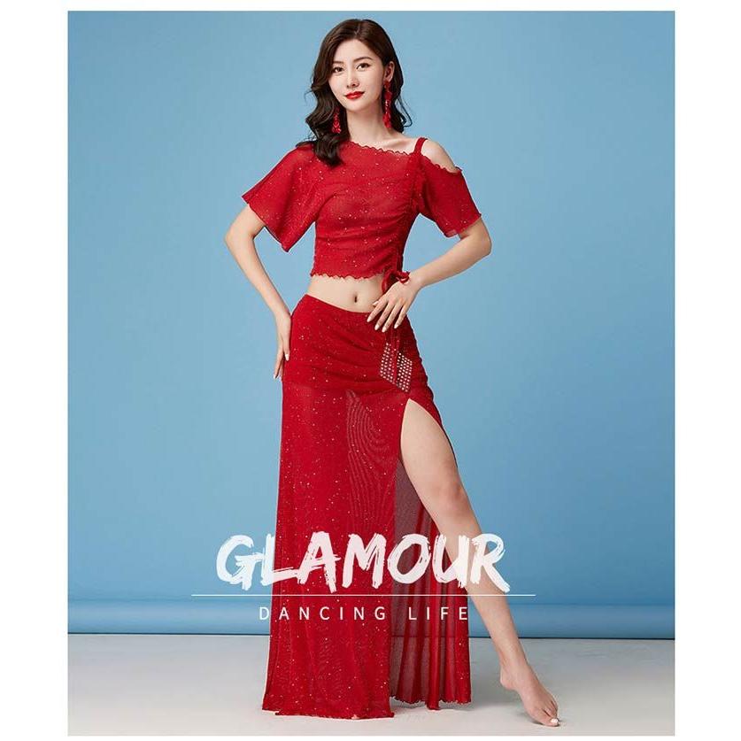 ベリーダンス 衣装 セット レッスン着 練習着 セットアップ シースルー トップス スリット入り スカート 2点セット ダンス ステージ衣装