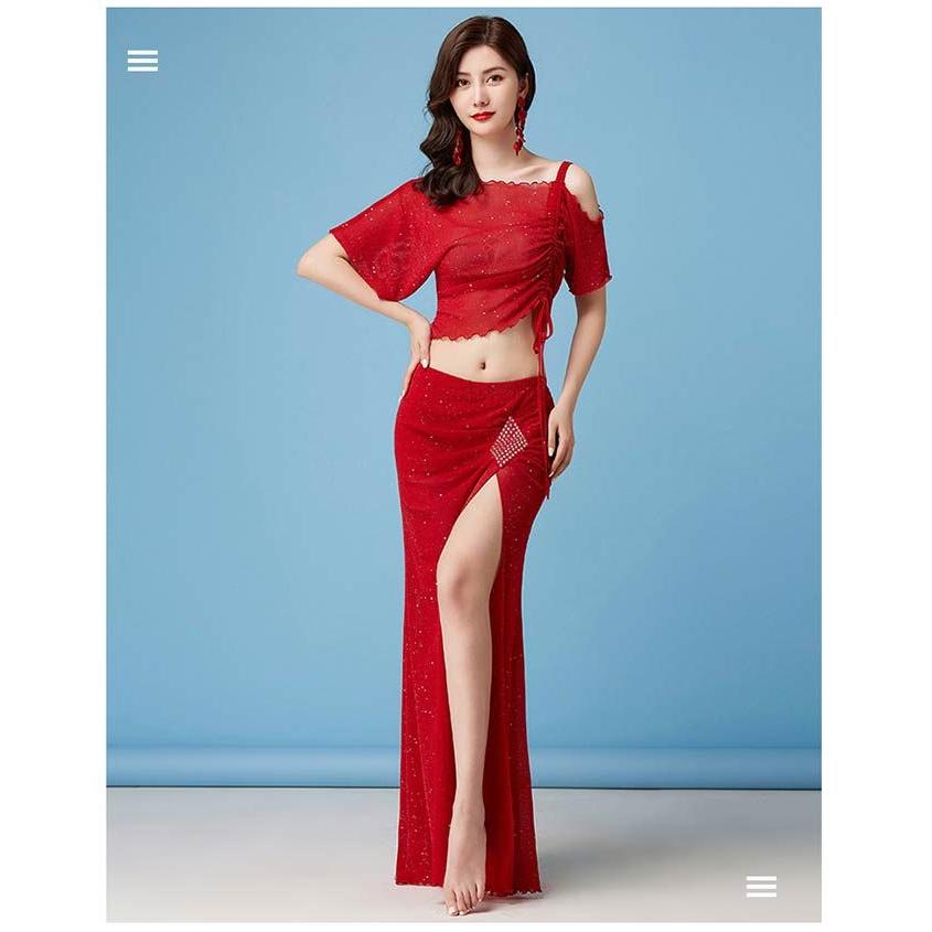 ベリーダンス 衣装 セット レッスン着 練習着 セットアップ シースルー トップス スリット入り スカート 2点セット ダンス ステージ衣装 - 画像 (2)