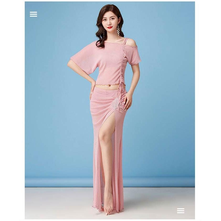 ベリーダンス 衣装 セット レッスン着 練習着 セットアップ シースルー トップス スリット入り スカート 2点セット ダンス ステージ衣装 - 画像 (4)