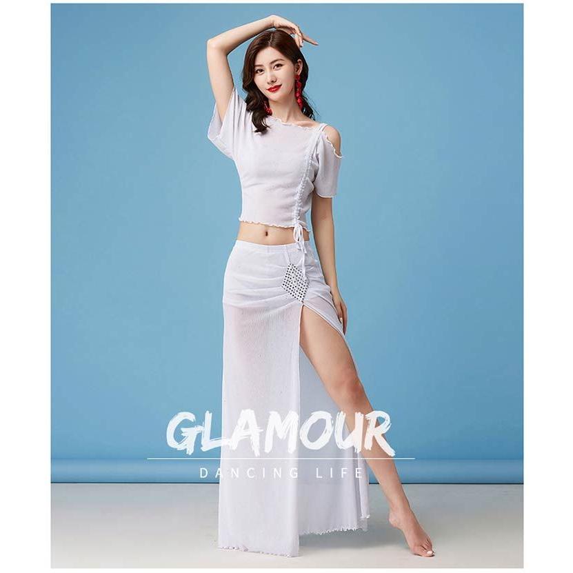 ベリーダンス 衣装 セット レッスン着 練習着 セットアップ シースルー トップス スリット入り スカート 2点セット ダンス ステージ衣装 - 画像 (5)