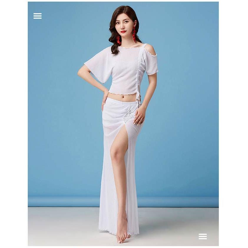 ベリーダンス 衣装 セット レッスン着 練習着 セットアップ シースルー トップス スリット入り スカート 2点セット ダンス ステージ衣装 - 画像 (6)