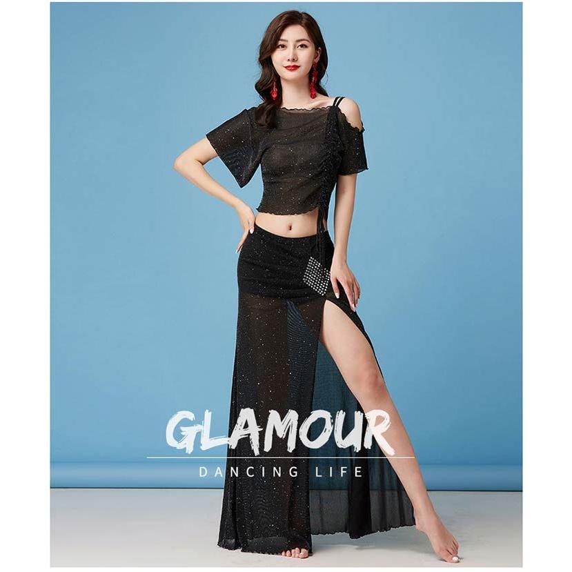 ベリーダンス 衣装 セット レッスン着 練習着 セットアップ シースルー トップス スリット入り スカート 2点セット ダンス ステージ衣装 - 画像 (7)