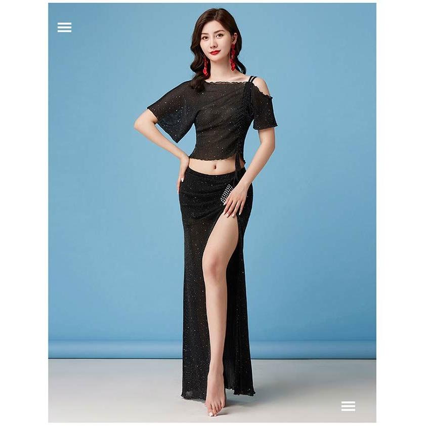 ベリーダンス 衣装 セット レッスン着 練習着 セットアップ シースルー トップス スリット入り スカート 2点セット ダンス ステージ衣装 - 画像 (8)