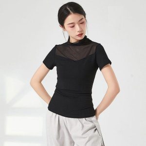 ダンス トップス バレエ 半袖 ストレッチメッシュ 大人 レッスン着 ウェア ヨガ フィットネス 動きやすい伸縮生地 ハイネック エレガン