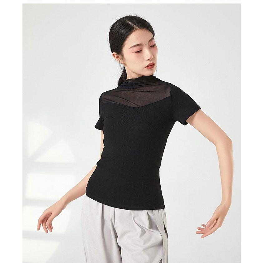 ダンス トップス バレエ 半袖 ストレッチメッシュ 大人 レッスン着 ウェア ヨガ フィットネス 動きやすい伸縮生地 ハイネック エレガン - 画像 (3)