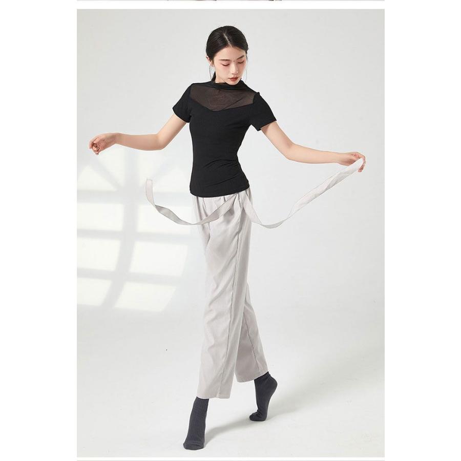 ダンス トップス バレエ 半袖 ストレッチメッシュ 大人 レッスン着 ウェア ヨガ フィットネス 動きやすい伸縮生地 ハイネック エレガン - 画像 (4)