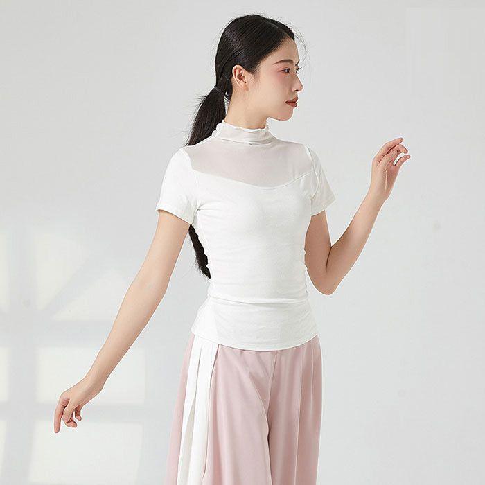 ダンス トップス バレエ 半袖 ストレッチメッシュ 大人 レッスン着 ウェア ヨガ フィットネス 動きやすい伸縮生地 ハイネック エレガン - 画像 (8)