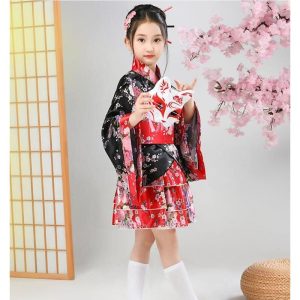子供着物 女の子ロリータコスプレ衣装 交差和服 ハロウィンコスプレ衣装 花柄プリント コスチューム 着物ドレス 長袖 3点セット 文化祭 学園祭 祭り羽織 花火