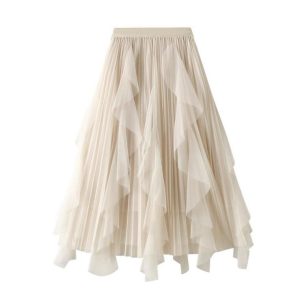 春スカート チュールスカート ミモレ丈 ロング丈 フリル付き プリーツスカート ハイウエスト Aライン フレア チュチュ重ね スカート ひらひらフリル キレイめ
