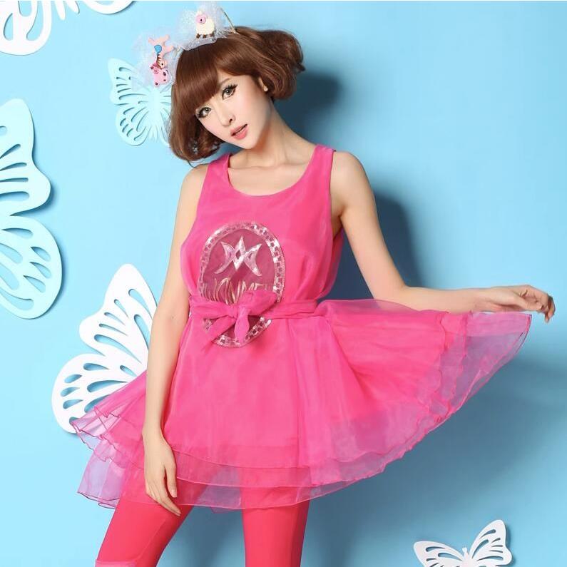 ミニドレス ミドル丈ワンピース ふわんり オーガンザ シフォン3枚重ね ノースリーブ Aライン トップス ワンピース レディース ボリューム ダンス衣装 ステージ - 画像 (3)