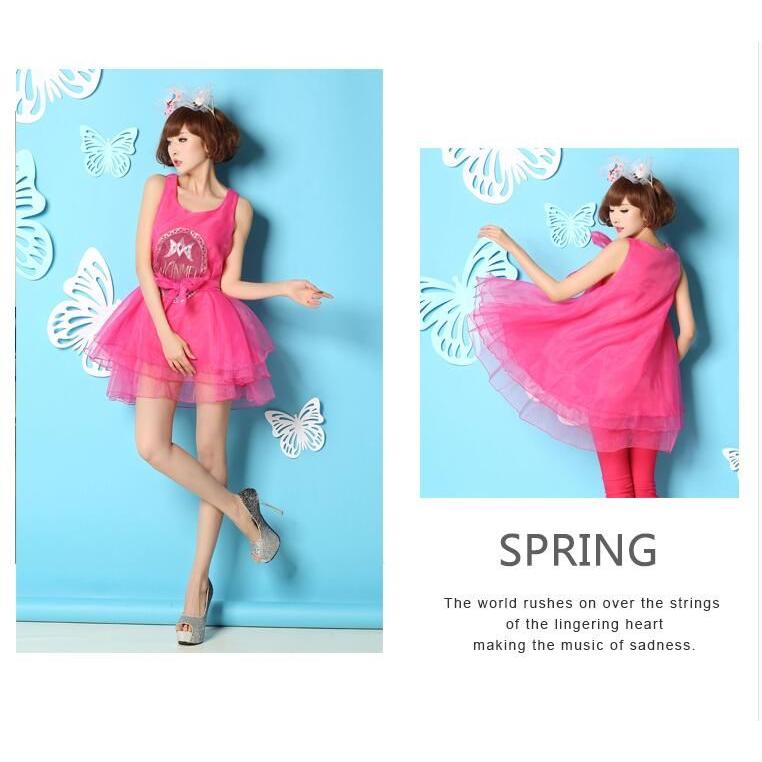 ミニドレス ミドル丈ワンピース ふわんり オーガンザ シフォン3枚重ね ノースリーブ Aライン トップス ワンピース レディース ボリューム ダンス衣装 ステージ - 画像 (4)