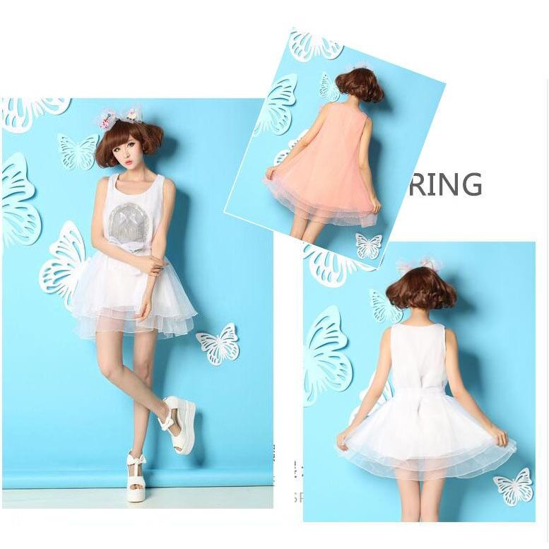 ミニドレス ミドル丈ワンピース ふわんり オーガンザ シフォン3枚重ね ノースリーブ Aライン トップス ワンピース レディース ボリューム ダンス衣装 ステージ - 画像 (7)