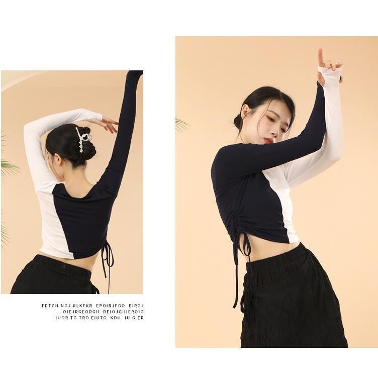 色切り替え Tシャツ ツートンカラー カットソー 紐絞り ダンス 衣装 レディース バレエ 古典ダンス 社交ダンス トップス 練習着 レッスン着 長袖 ストレッチ シ - 画像 (8)