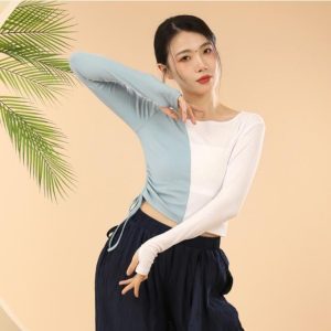 色切り替え Tシャツ ツートンカラー カットソー 紐絞り ダンス 衣装 レディース バレエ 古典ダンス 社交ダンス トップス 練習着 レッスン着 長袖 ストレッチ シ