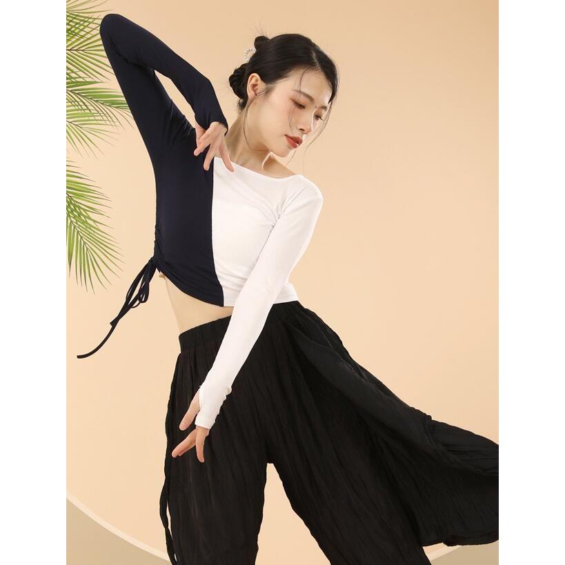 色切り替え Tシャツ ツートンカラー カットソー 紐絞り ダンス 衣装 レディース バレエ 古典ダンス 社交ダンス トップス 練習着 レッスン着 長袖 ストレッチ シ - 画像 (3)