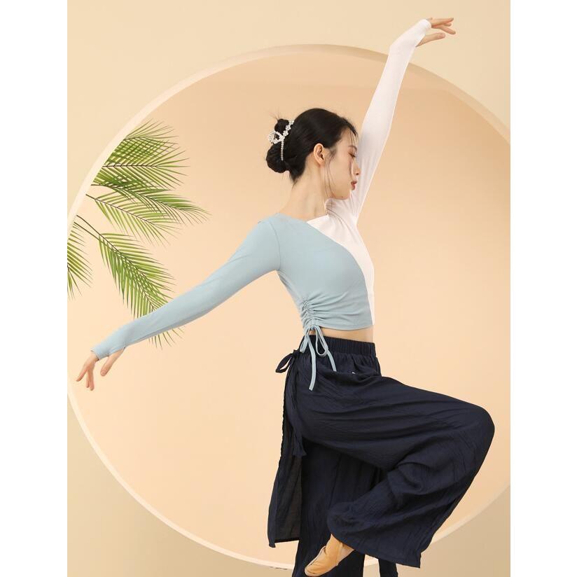 色切り替え Tシャツ ツートンカラー カットソー 紐絞り ダンス 衣装 レディース バレエ 古典ダンス 社交ダンス トップス 練習着 レッスン着 長袖 ストレッチ シ - 画像 (4)