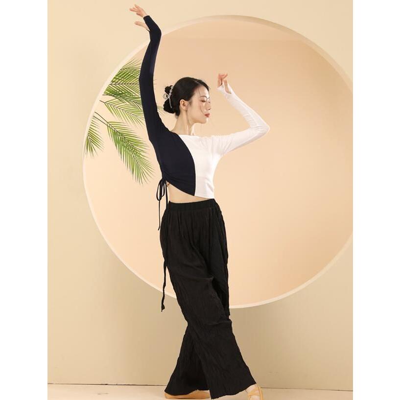 色切り替え Tシャツ ツートンカラー カットソー 紐絞り ダンス 衣装 レディース バレエ 古典ダンス 社交ダンス トップス 練習着 レッスン着 長袖 ストレッチ シ - 画像 (5)