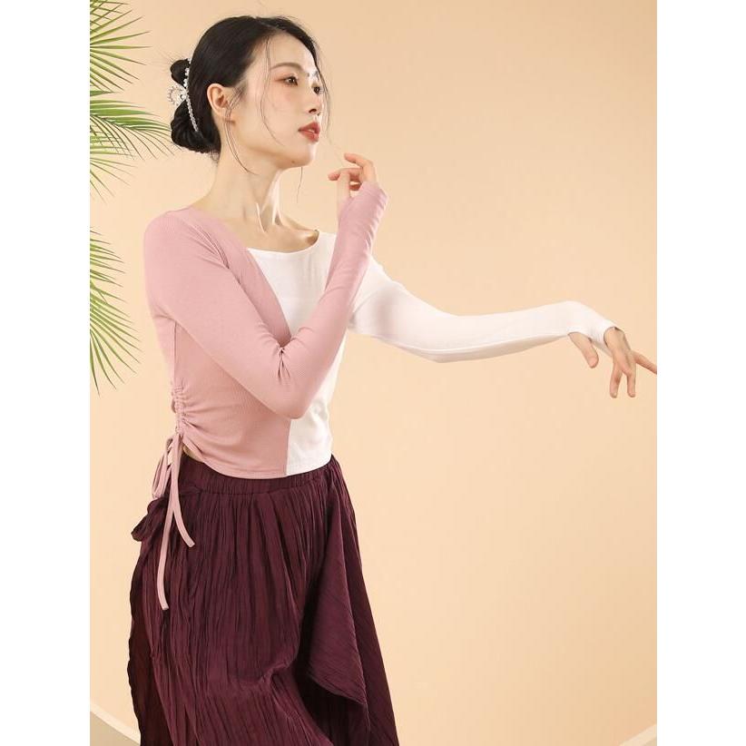 色切り替え Tシャツ ツートンカラー カットソー 紐絞り ダンス 衣装 レディース バレエ 古典ダンス 社交ダンス トップス 練習着 レッスン着 長袖 ストレッチ シ - 画像 (6)