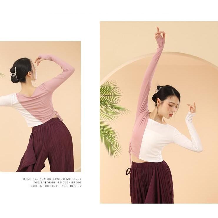 色切り替え Tシャツ ツートンカラー カットソー 紐絞り ダンス 衣装 レディース バレエ 古典ダンス 社交ダンス トップス 練習着 レッスン着 長袖 ストレッチ シ - 画像 (7)