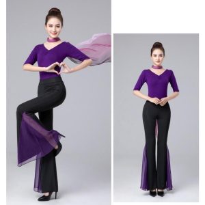 バレエ 古典ダンス 社交ダンス 衣装 五分袖 レオタード ロング丈 パンタロン ラッパ ベルボトム ワイドパンツ フレアパンツ シフォン切替 ストレッチ ヨ