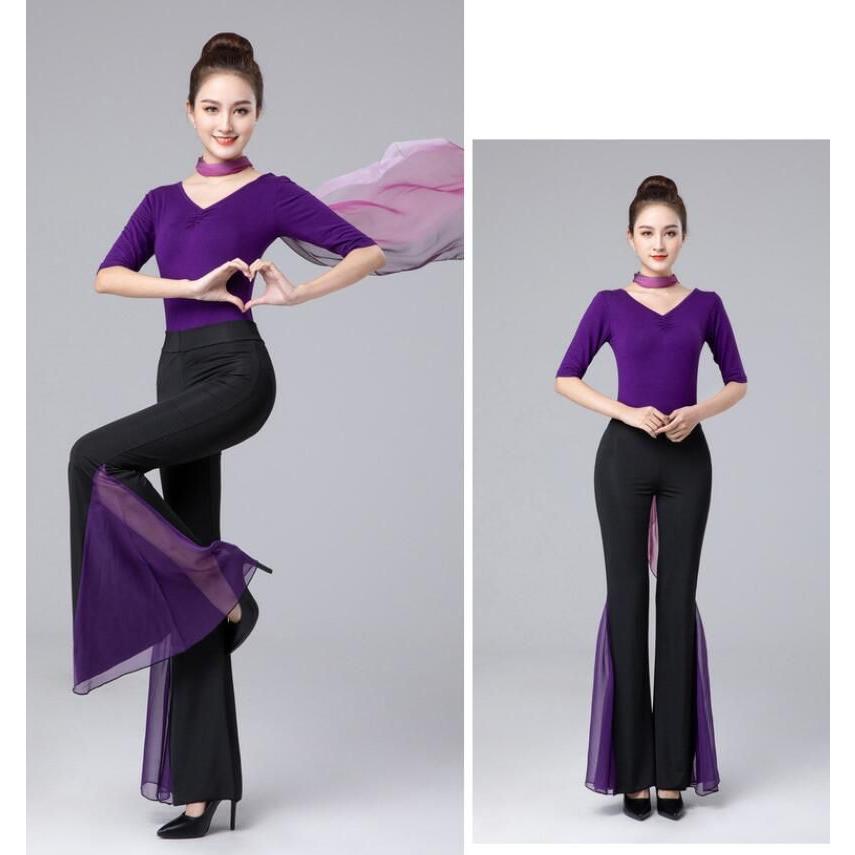 バレエ 古典ダンス 社交ダンス 衣装 五分袖 レオタード ロング丈 パンタロン ラッパ ベルボトム ワイドパンツ フレアパンツ シフォン切替 ストレッチ ヨ
