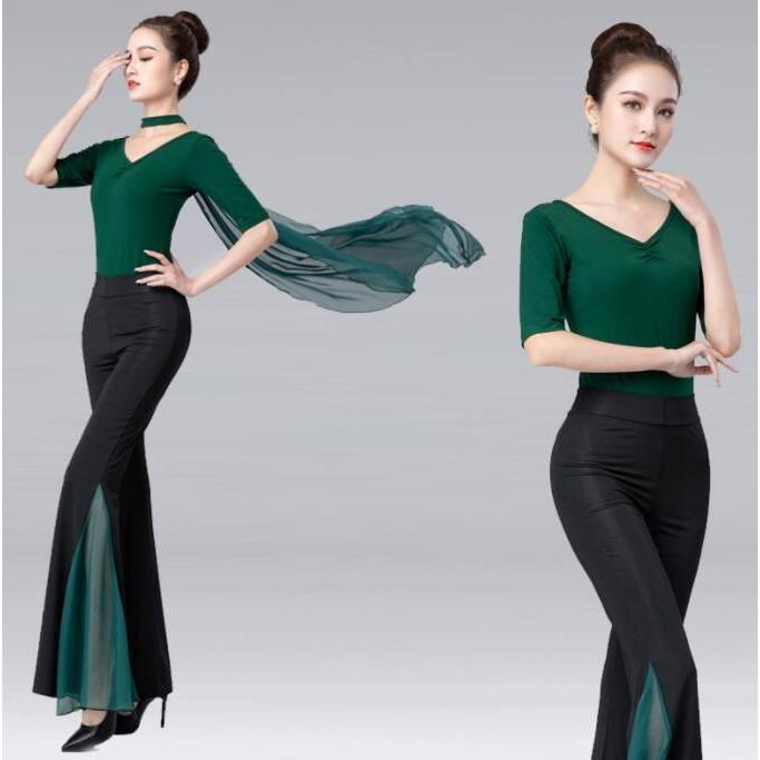 バレエ 古典ダンス 社交ダンス 衣装 五分袖 レオタード ロング丈 パンタロン ラッパ ベルボトム ワイドパンツ フレアパンツ シフォン切替 ストレッチ ヨ - 画像 (2)