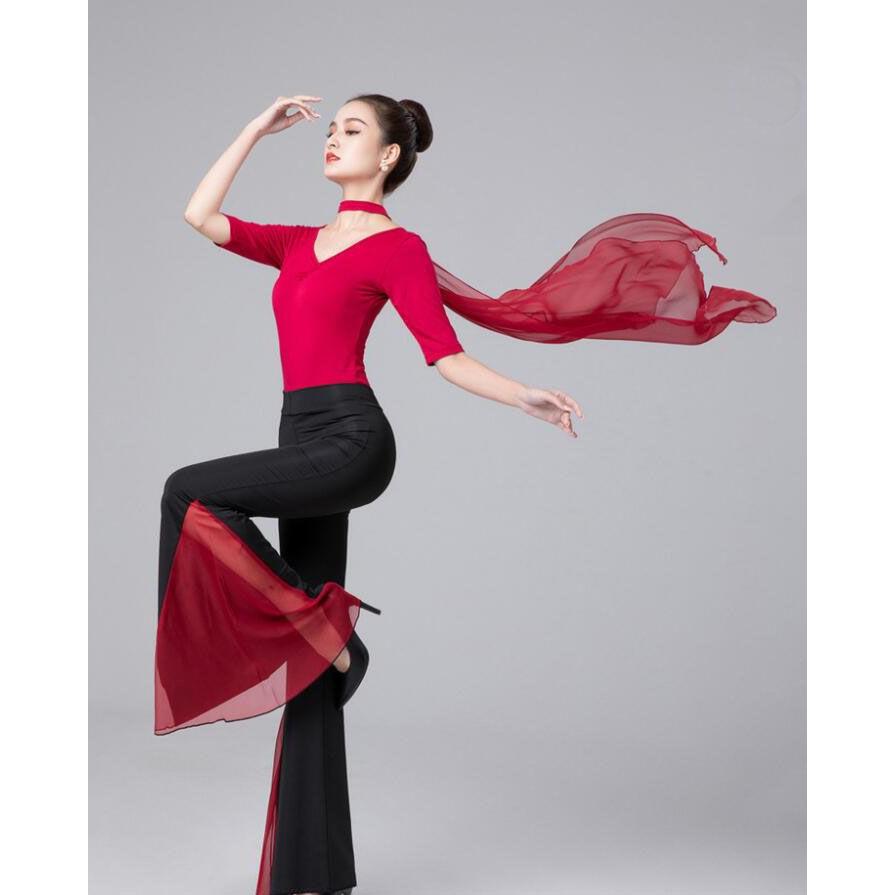 バレエ 古典ダンス 社交ダンス 衣装 五分袖 レオタード ロング丈 パンタロン ラッパ ベルボトム ワイドパンツ フレアパンツ シフォン切替 ストレッチ ヨ - 画像 (3)