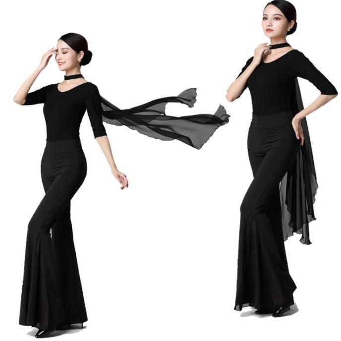 バレエ 古典ダンス 社交ダンス 衣装 五分袖 レオタード ロング丈 パンタロン ラッパ ベルボトム ワイドパンツ フレアパンツ シフォン切替 ストレッチ ヨ - 画像 (4)